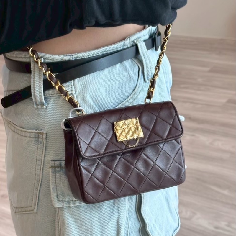 CHANEL vintage 咖啡色金牌中古小鏈條包-9