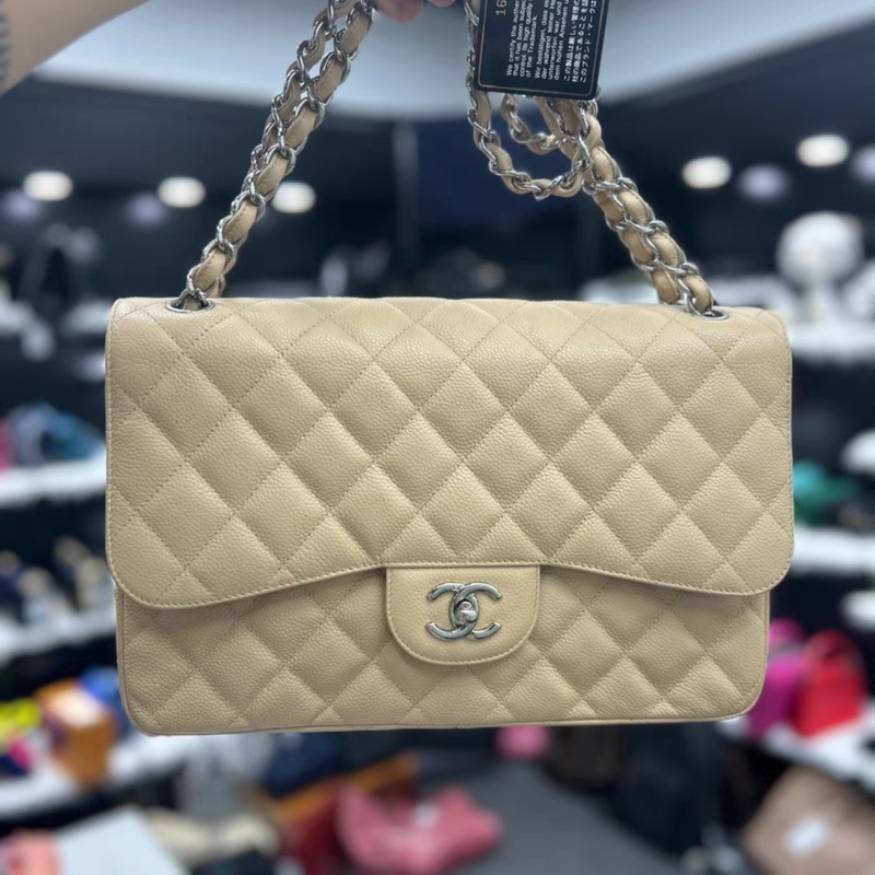 Chanel香奈兒 classic flap CF jumbo 大號 米色銀扣荔枝紋牛皮-0