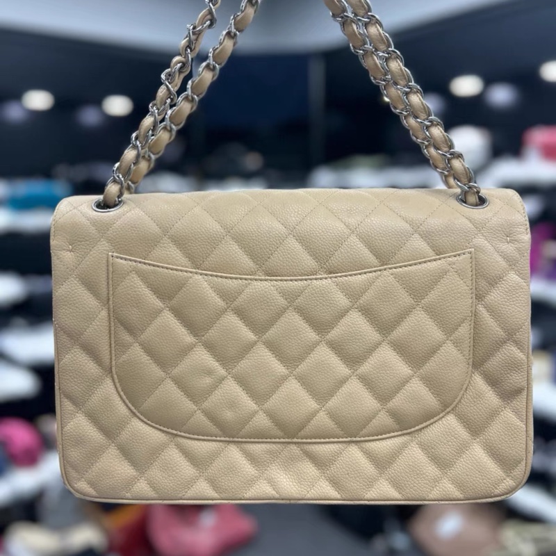 Chanel香奈兒 classic flap CF jumbo 大號 米色銀扣荔枝紋牛皮-1