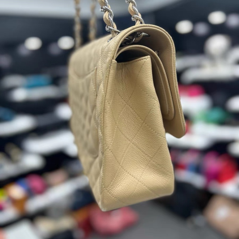 Chanel香奈兒 classic flap CF jumbo 大號 米色銀扣荔枝紋牛皮-2