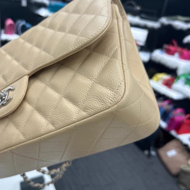 Chanel香奈兒 classic flap CF jumbo 大號 米色銀扣荔枝紋牛皮-5