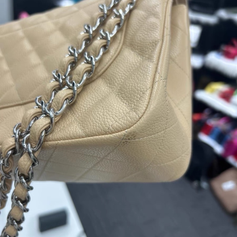 Chanel香奈兒 classic flap CF jumbo 大號 米色銀扣荔枝紋牛皮-7