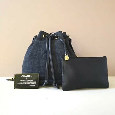【LA LUNE】絕版中古包 Chanel古董藍黑色水桶包 側背包 單肩包 皮革包 二手包