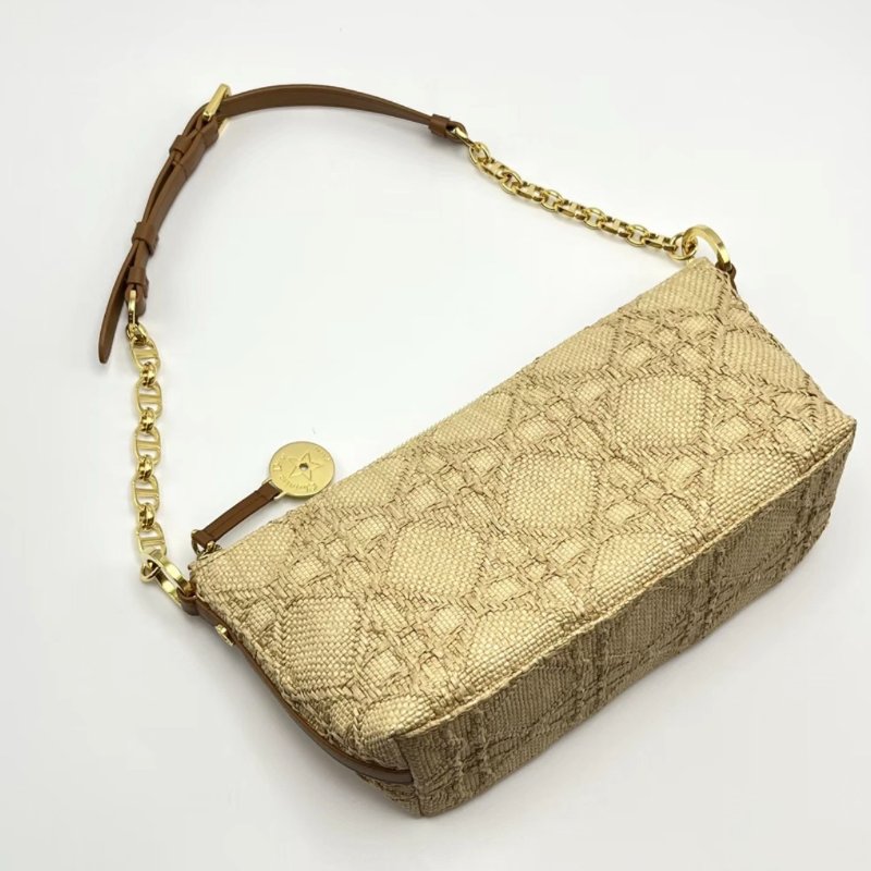 DIOR 自然拼棕色金扣草編飯盒肩背包8.5*14.5*10 全新閒置配件塵袋購證-4