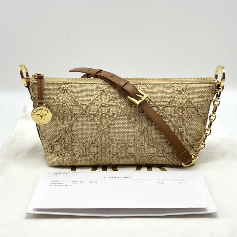 DIOR 自然拼棕色金扣草編飯盒肩背包8.5*14.5*10 全新閒置配件塵袋購證-0