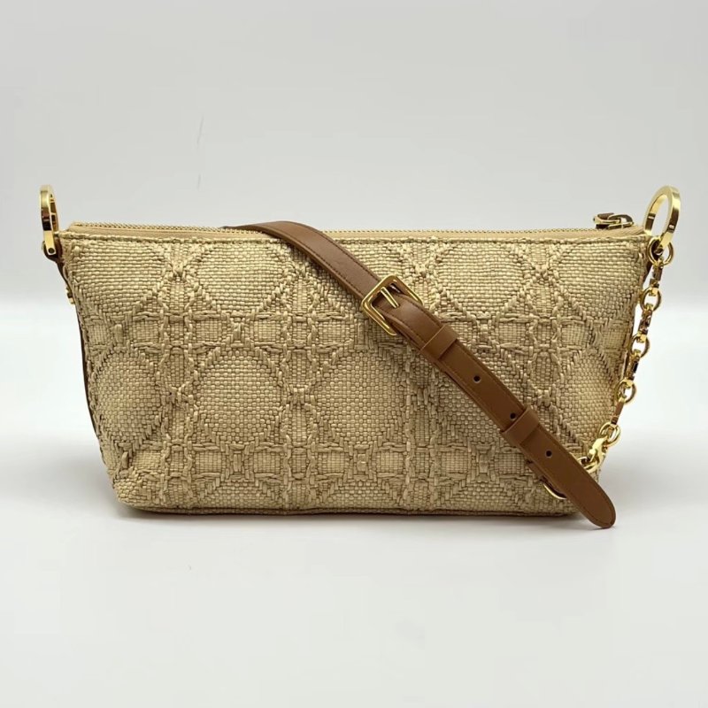 DIOR 自然拼棕色金扣草編飯盒肩背包8.5*14.5*10 全新閒置配件塵袋購證-5
