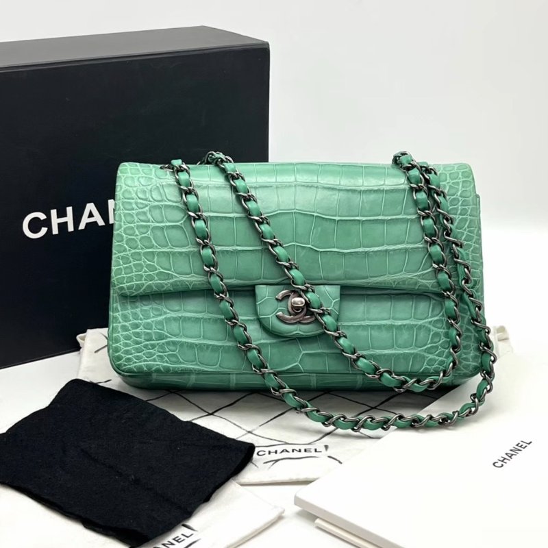 CHANEL 鱷魚皮綠色銀扣CF中號肩背斜背包 25*15*7 98新配件盒子塵袋-0