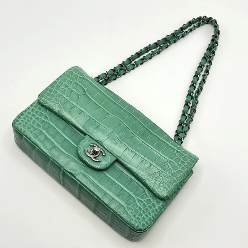 CHANEL 鱷魚皮綠色銀扣CF中號肩背斜背包 25*15*7 98新配件盒子塵袋-4