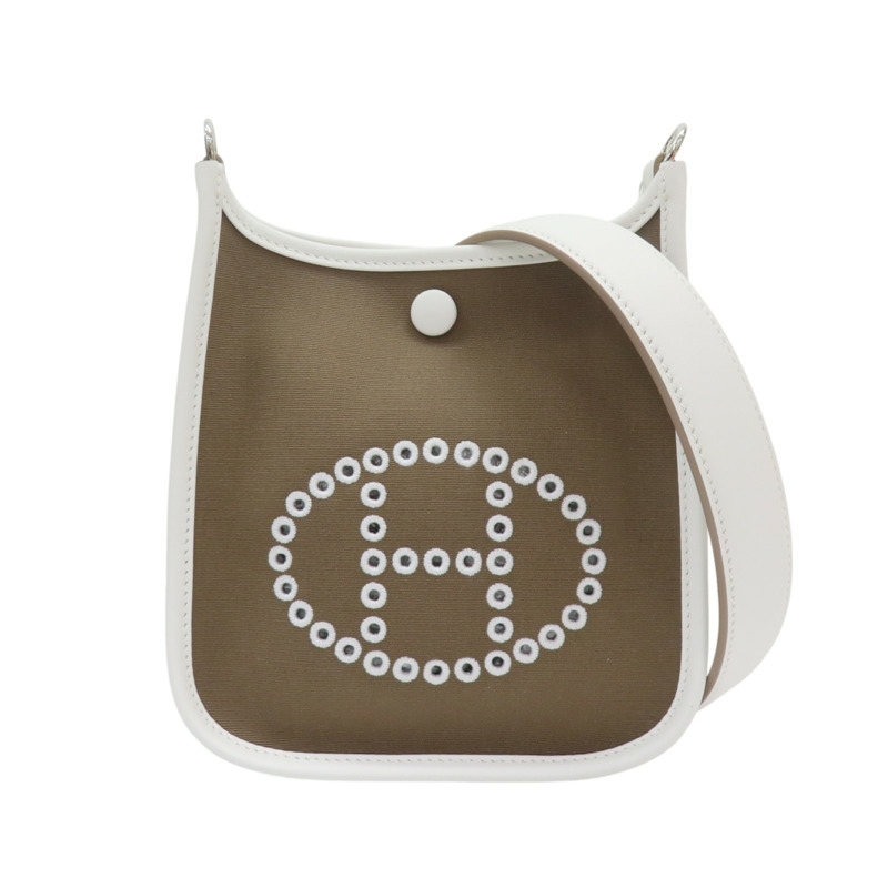 大象灰 Toile帆布 白色牛皮 Neo Evelyne 16 肩背包 K刻 金扣【HERMES 愛馬仕】-0