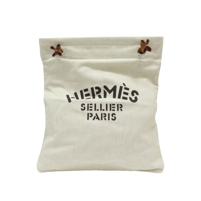 米色帆布 棕色牛皮 Aline Groom 肩背包 銀扣 W刻【HERMES 愛馬仕】-0