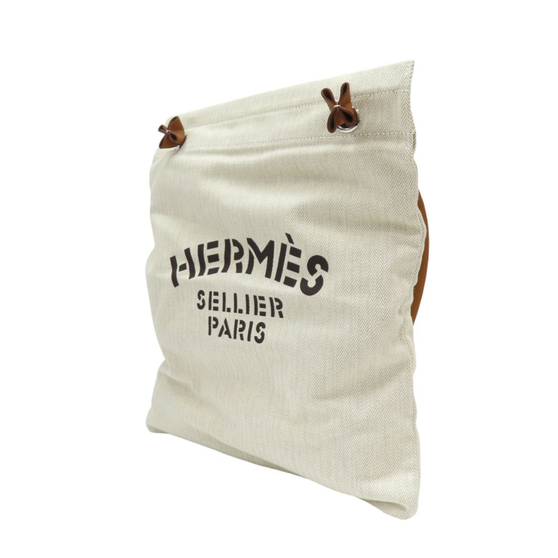 米色帆布 棕色牛皮 Aline Groom 肩背包 銀扣 W刻【HERMES 愛馬仕】-2