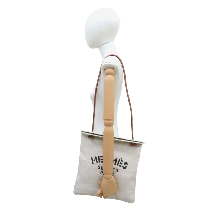 米色帆布 棕色牛皮 Aline Groom 肩背包 銀扣 W刻【HERMES 愛馬仕】-9