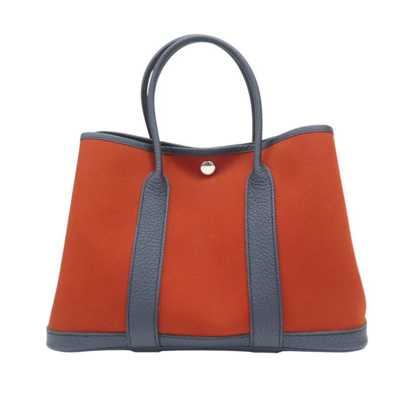 紅棕色帆布 藍色牛皮 Garden Party 30 手提包 Z刻 銀扣【HERMES 愛馬仕】 Z刻-1