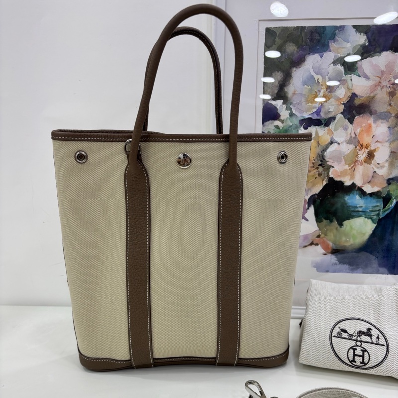 愛馬仕 Garden Party File 花園包 垂直版 附肩帶款 大象灰 銀扣 帆布拼皮 Z刻-1