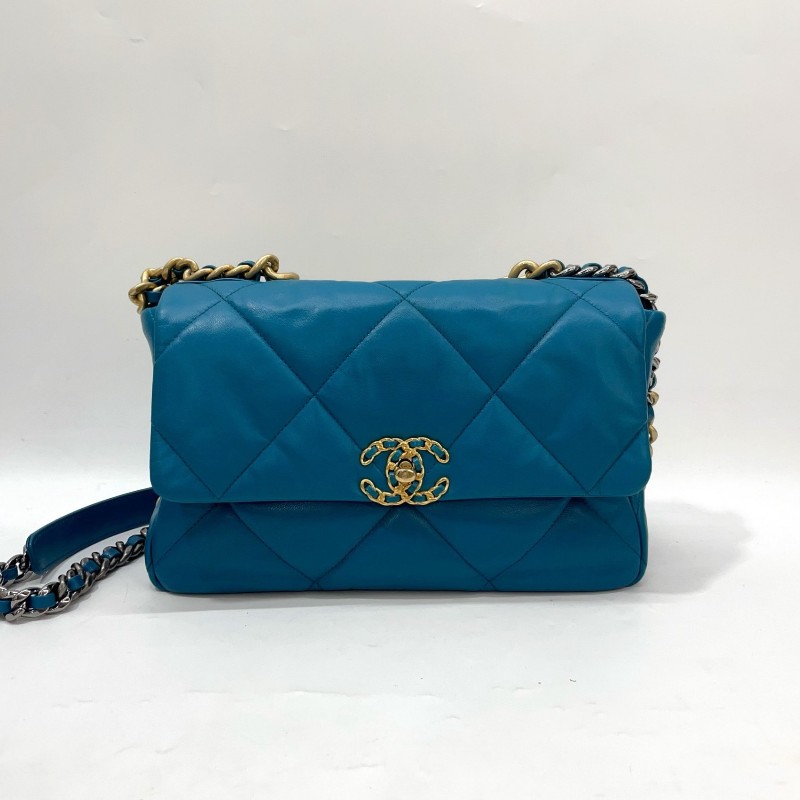 Chanel 土耳其藍羊皮大菱格霧金釦三色鏈下蓋19大號手提斜背包AS1161-1