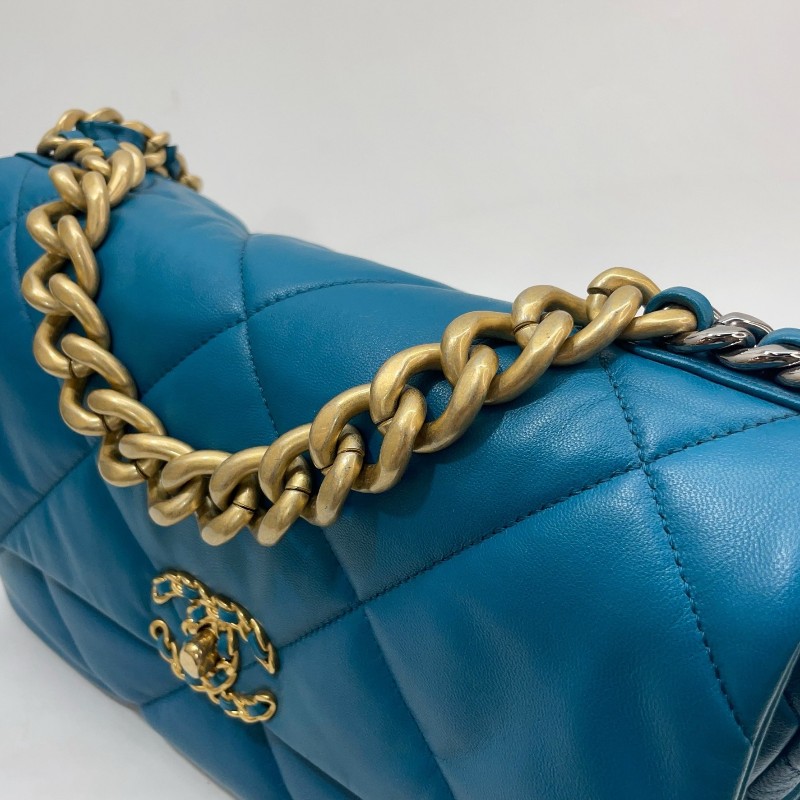 Chanel 土耳其藍羊皮大菱格霧金釦三色鏈下蓋19大號手提斜背包AS1161-10