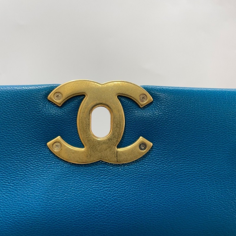 Chanel 土耳其藍羊皮大菱格霧金釦三色鏈下蓋19大號手提斜背包AS1161-16