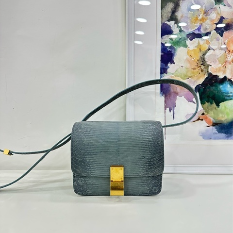 Celine 賽琳 灰綠色 蜥蜴皮 金扣 box 豆腐包 小號，尺寸18×13
