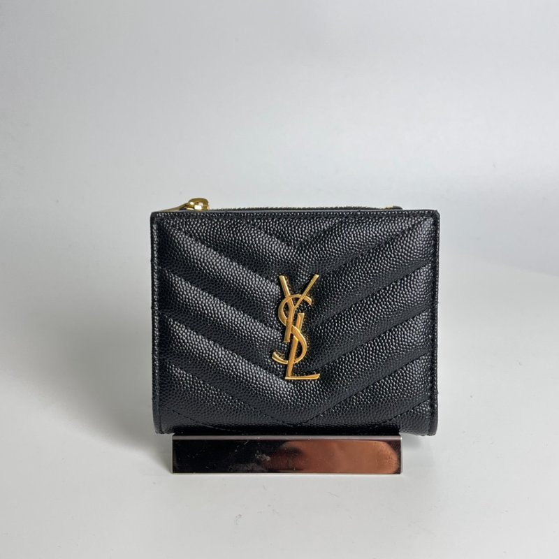 YSL 575879 黑金魚子醬拉鍊零錢扣式短夾-0