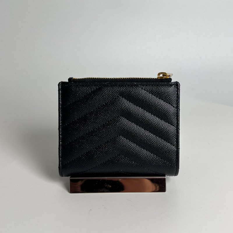 YSL 575879 黑金魚子醬拉鍊零錢扣式短夾-1