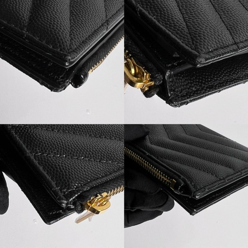 YSL 575879 黑金魚子醬拉鍊零錢扣式短夾-7