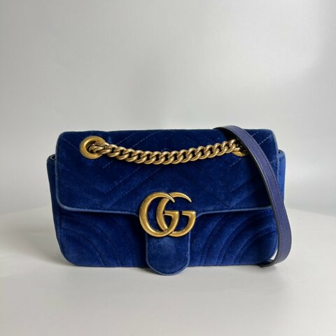 GUCCI 446744 藍絨毛Marmont掀蓋包22CM