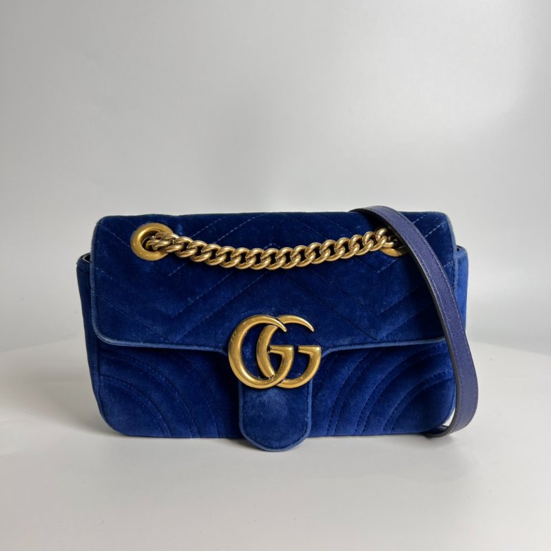 GUCCI 446744 藍絨毛Marmont掀蓋包22CM-0