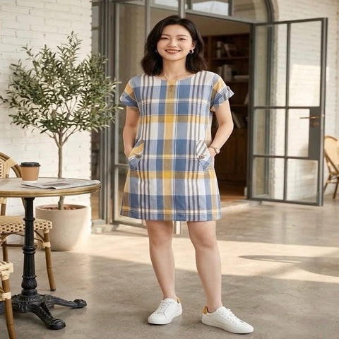 Burberry 藍標 金扣格紋口袋洋裝
