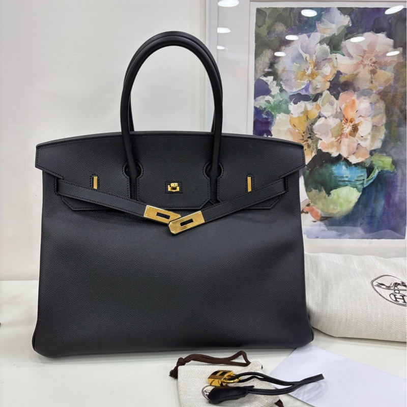 Hermes 愛馬仕birkin35黑金鉑金包,epsom皮,A刻 原始成色,包身硬挺無變形無明顯瑕疵-0