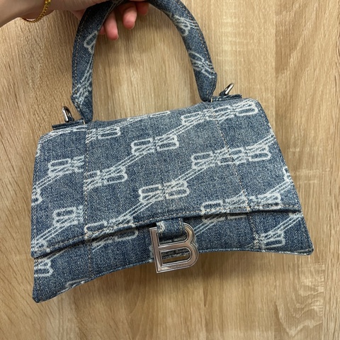 Balenciaga 牛仔藍丹寧霧銀釦Hourglass 小號手提斜背沙漏包