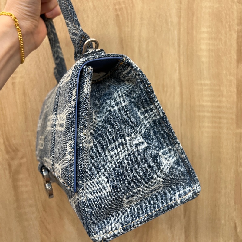Balenciaga 牛仔藍丹寧霧銀釦Hourglass 小號手提斜背沙漏包-2