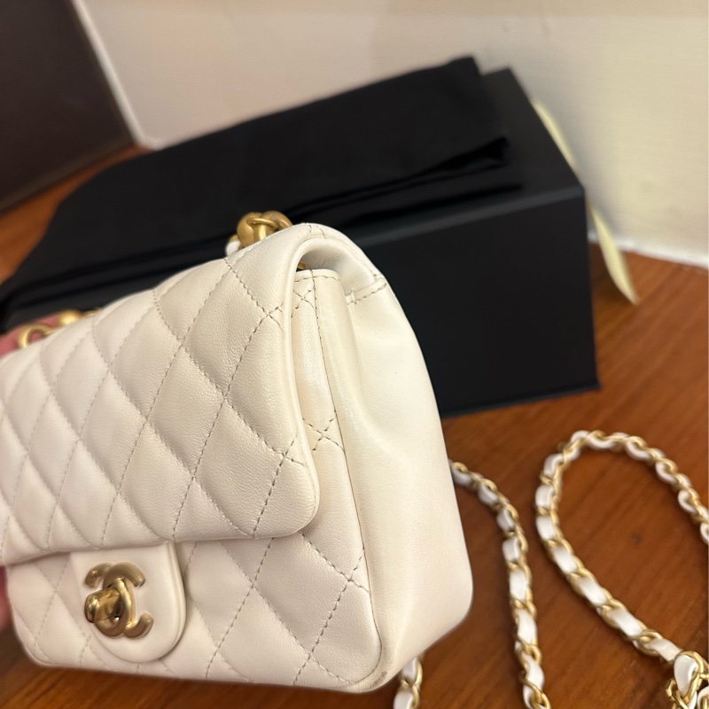 CHANEL 白羊皮菱格珍珠手提鏈包 超級美💕-1