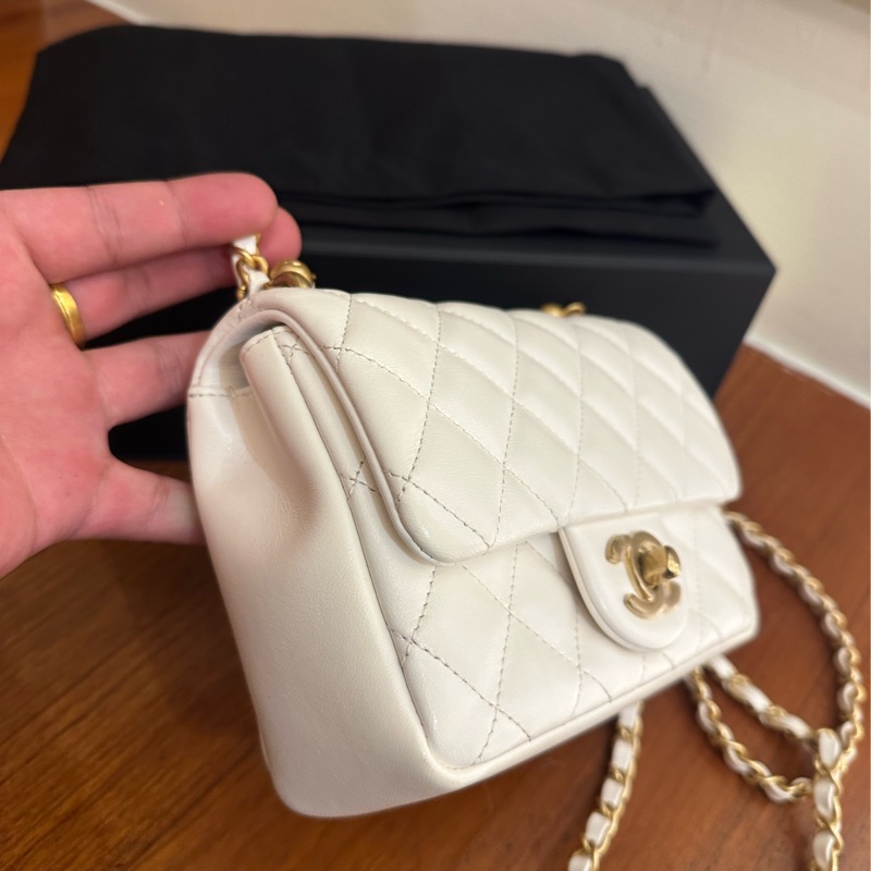 CHANEL 白羊皮菱格珍珠手提鏈包 超級美💕-2