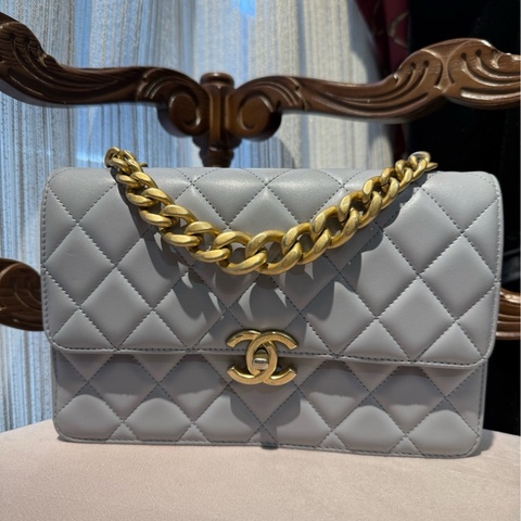 Chanel 灰色 粗链 风琴 单肩包 芯片款