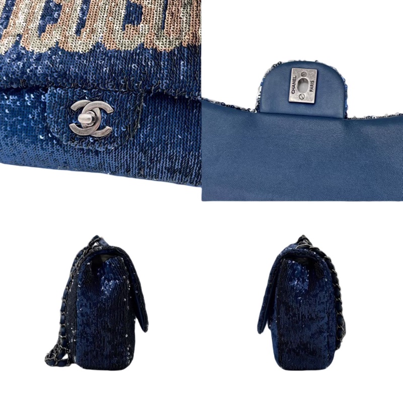 「JL精品代購」9新 Chanel稀有美品秀款古巴限定藍色亮片CF雙鏈條翻蓋包-5