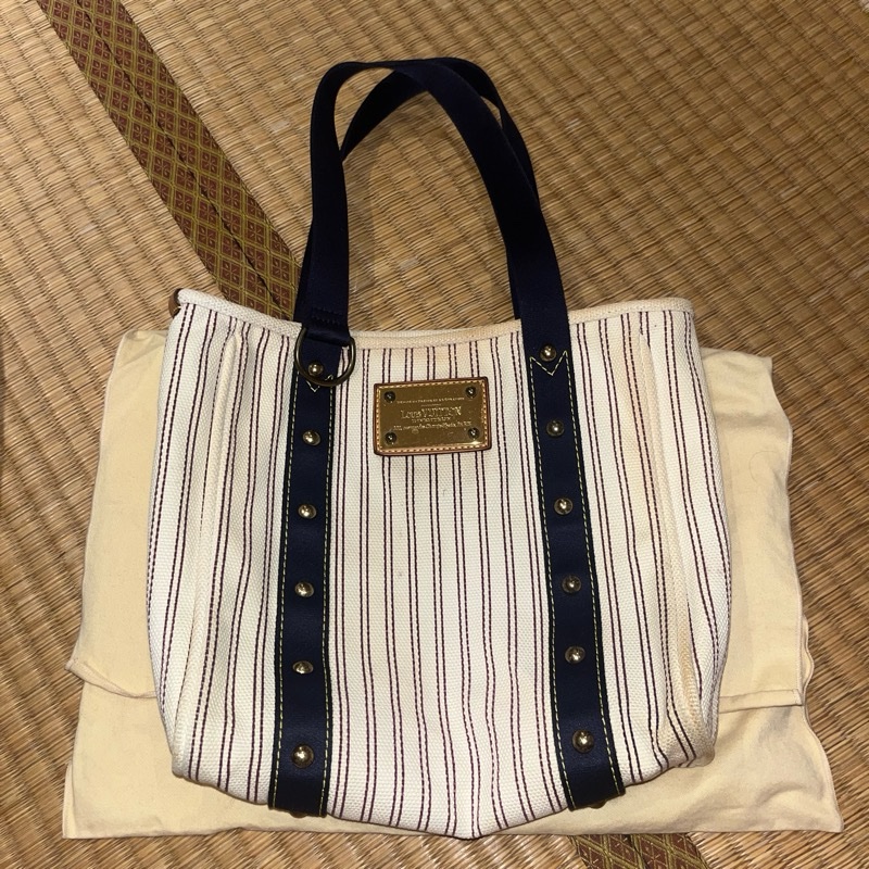 Louis Vuitton Antigua Cabas MM Tote Hand Bag Navy Stripe-0