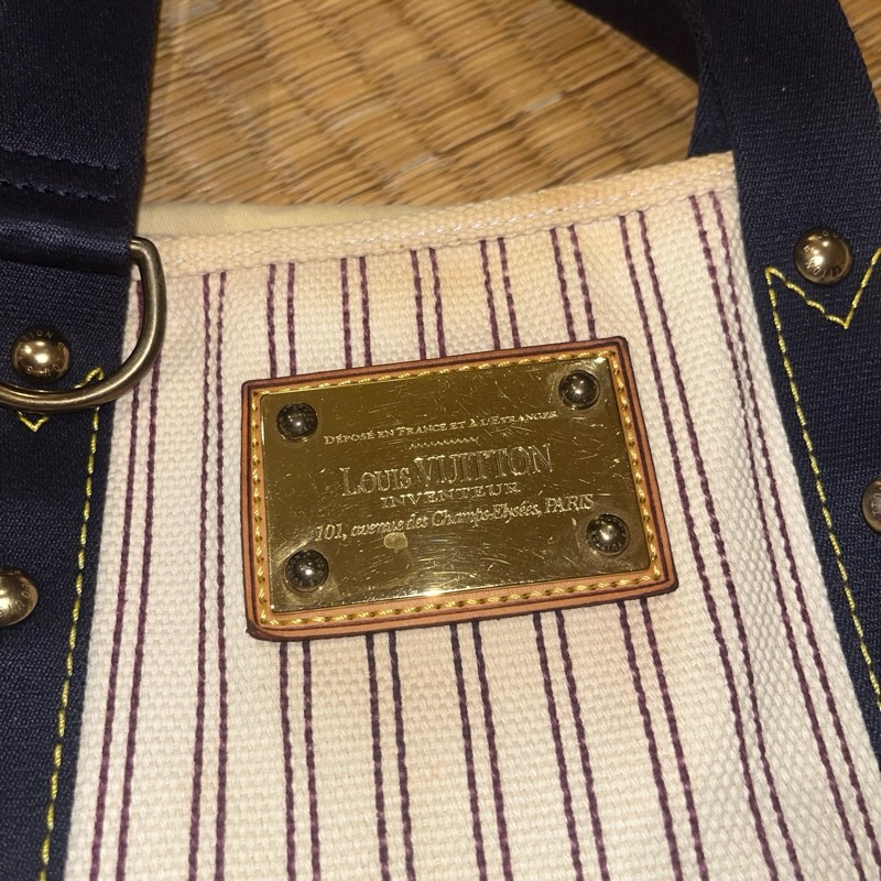 Louis Vuitton Antigua Cabas MM Tote Hand Bag Navy Stripe-6