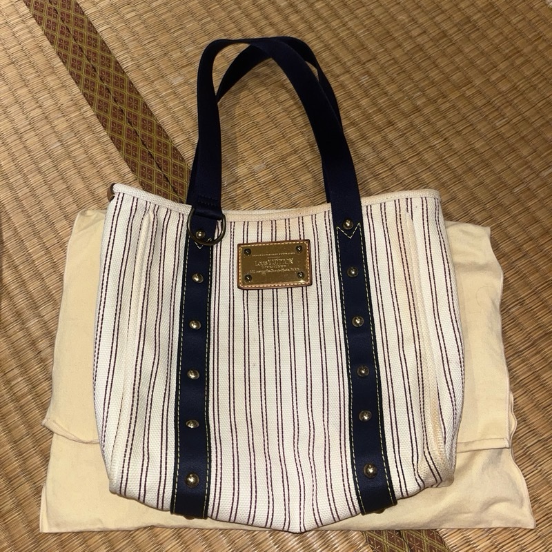 Louis Vuitton Antigua Cabas MM Tote Hand Bag Navy Stripe-8