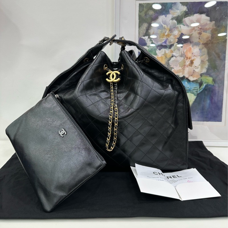 CHANEL 黑色油蠟皮25bag中號 全新 有購證-0