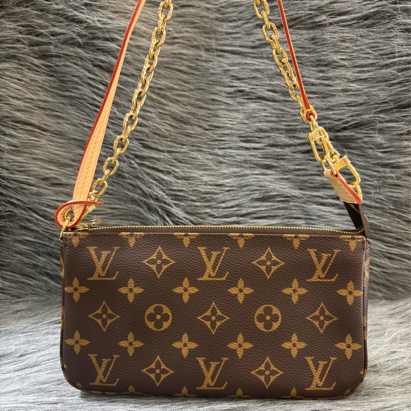 LV M82766 原花 金鍊 雙肩帶 肩背包 麻將包 三合一 鏈包 手拿包 腋下包-0