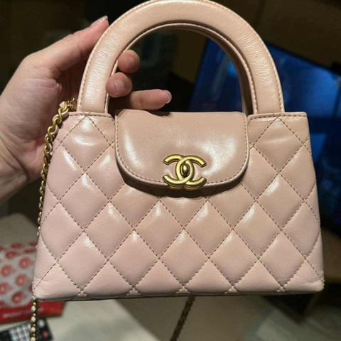 近新閑置品Chanel Kelly Bag 菱格牛皮霧金鍊手提斜背包櫻花粉