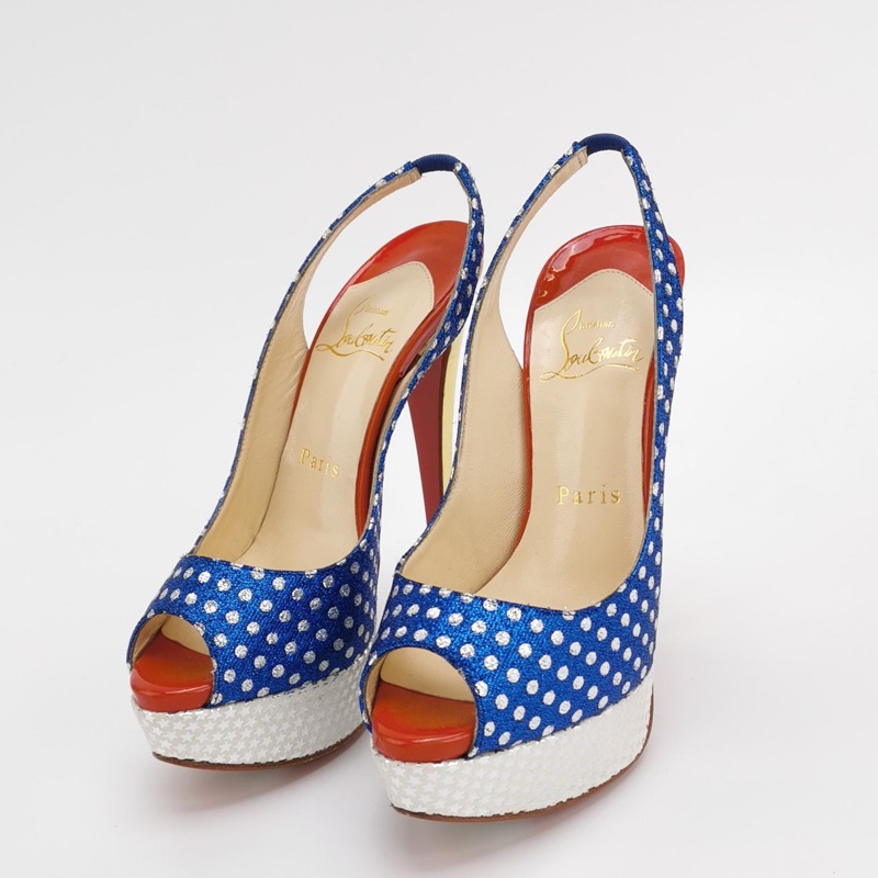 全新Christian Louboutin (CL) 翻毛皮拼色波點魚嘴高跟鞋35碼-0