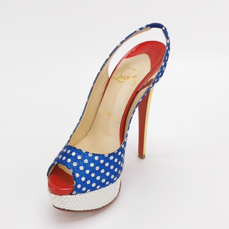全新Christian Louboutin (CL) 翻毛皮拼色波點魚嘴高跟鞋35碼-1