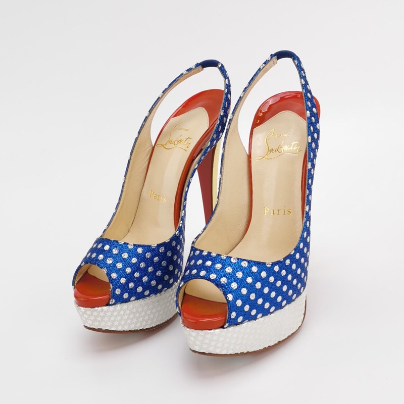 全新Christian Louboutin (CL) 翻毛皮拼色波點魚嘴高跟鞋35碼-5