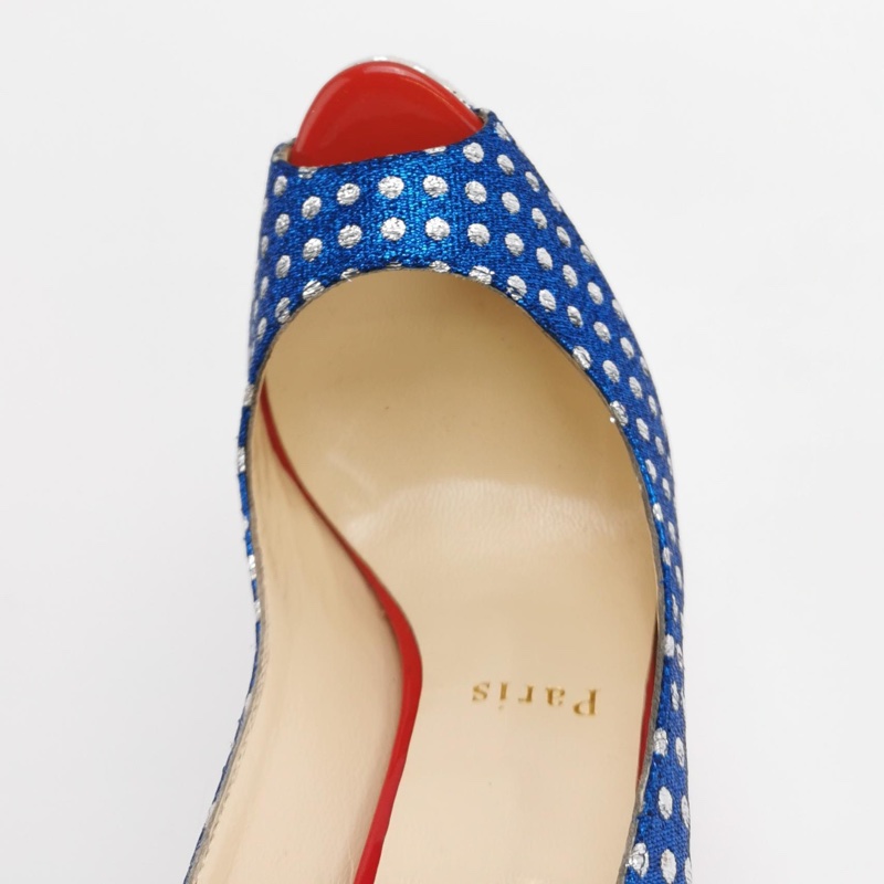 全新Christian Louboutin (CL) 翻毛皮拼色波點魚嘴高跟鞋35碼-6
