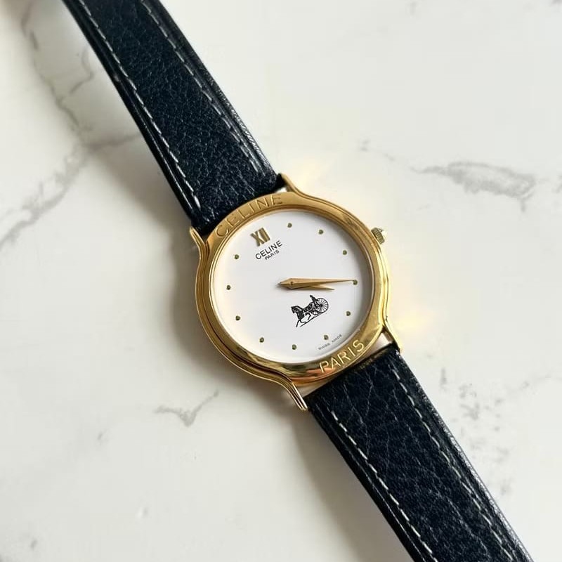 【LA LUNE】絕版古董錶 Celine黑金凱旋門皮革帶 二手男女裝手錶 腕錶 中古錶-1