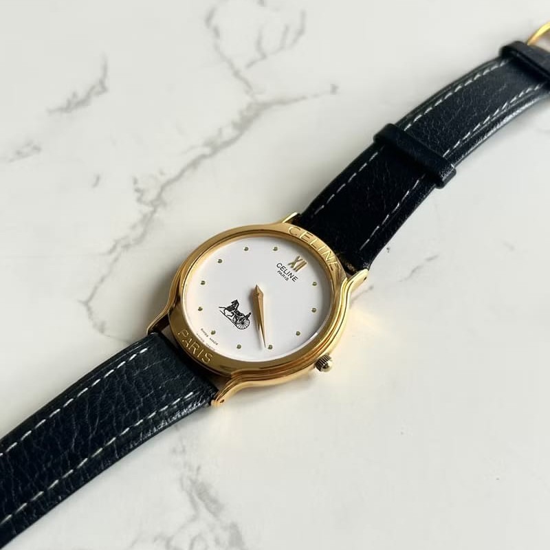 【LA LUNE】絕版古董錶 Celine黑金凱旋門皮革帶 二手男女裝手錶 腕錶 中古錶-7