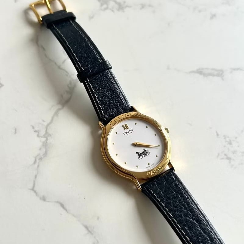 【LA LUNE】絕版古董錶 Celine黑金凱旋門皮革帶 二手男女裝手錶 腕錶 中古錶-8
