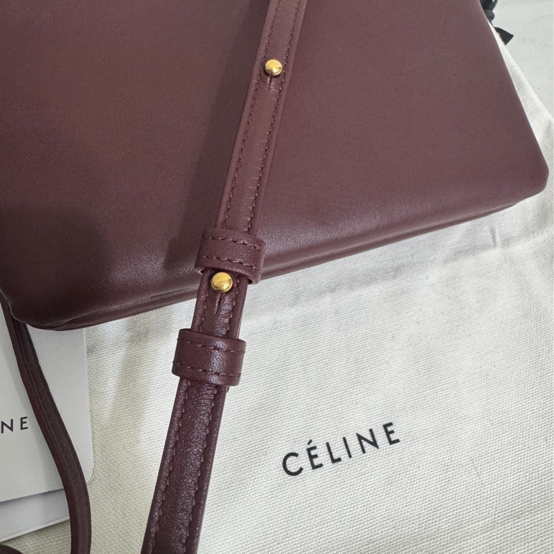 CELINE酒紅色小羊皮TRIO三層拉鍊斜背包-3
