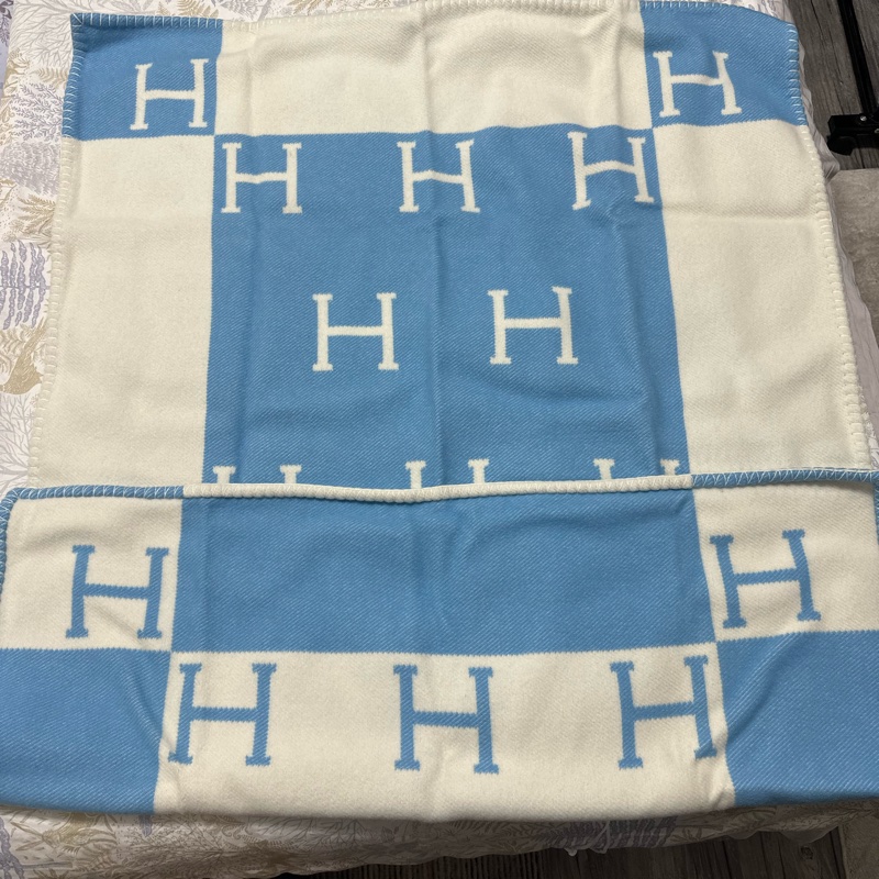 Hermes 愛馬仕 經典 Avalon 刺柏藍 /白色H 寶寶毛毯毯子 全新-0